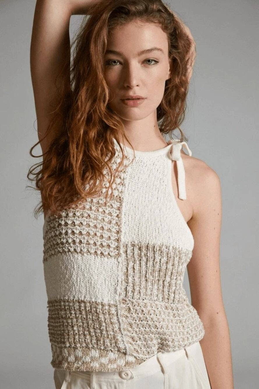 Anthropologie Elliotte Lurex Knit Halter Top Cream Tan Metallic Gold Size M New